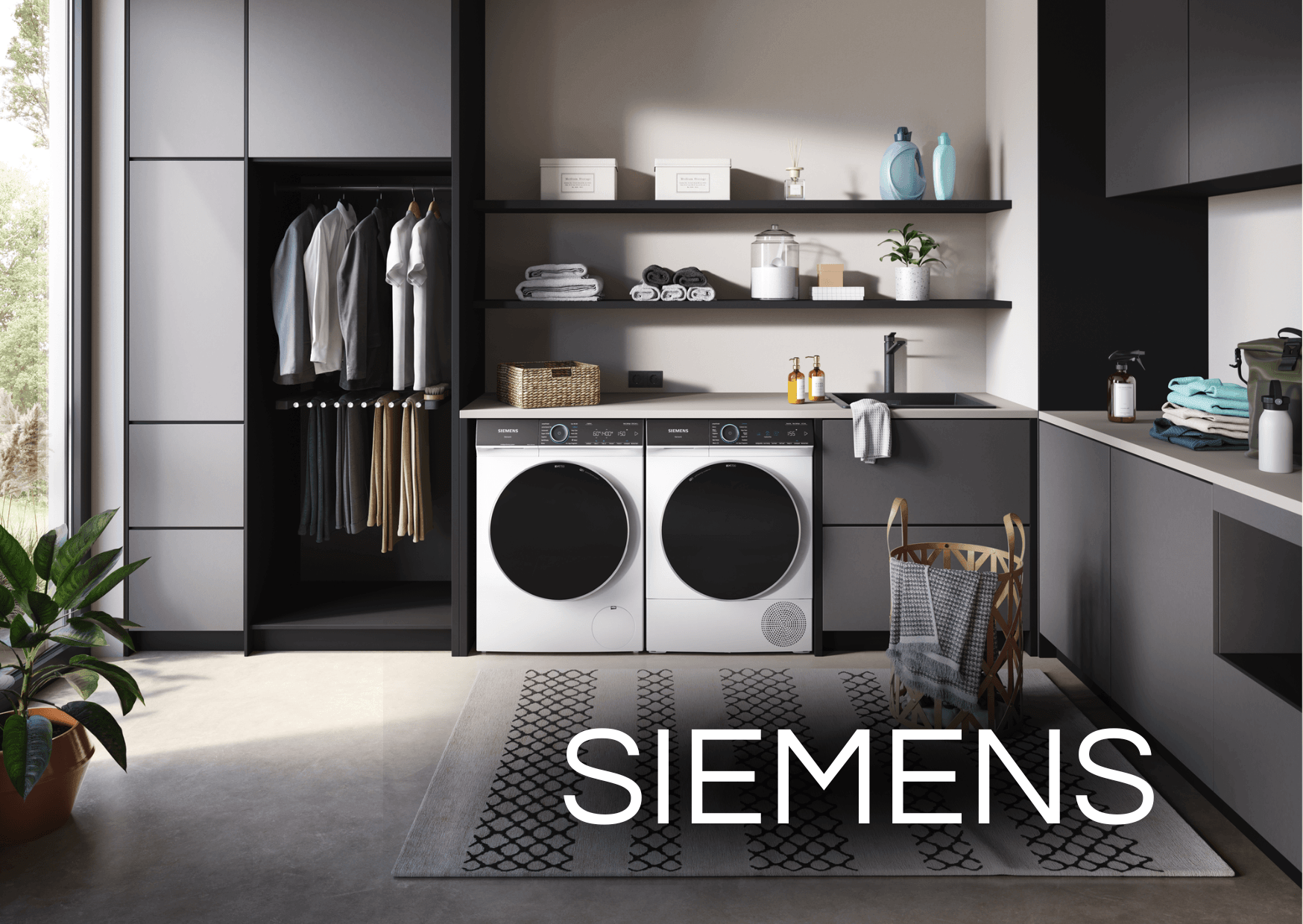 Eine moderne, minimalistische Waschküche in Dunkelgrau und Weiß. Im Zentrum stehen eine Siemens Waschmaschine und ein passender Trockner nebeneinander unter einer hellen Arbeitsplatte.